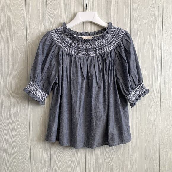 LOFT Blue Clip Smocked Short Sleeve Top Size Small - Picture 2 of 5